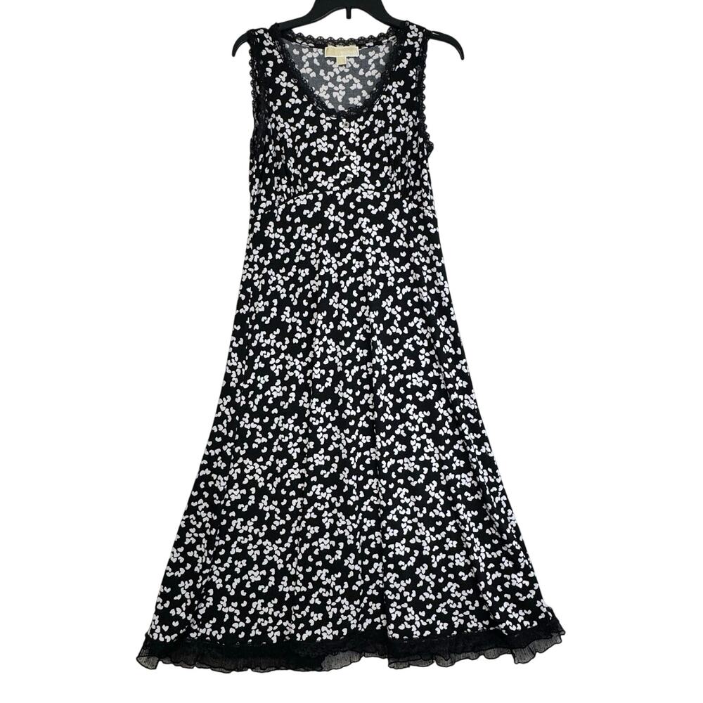 Michael Kors MK Black Lace Trim Sleeveless Dress White Heart Pattern Size Small